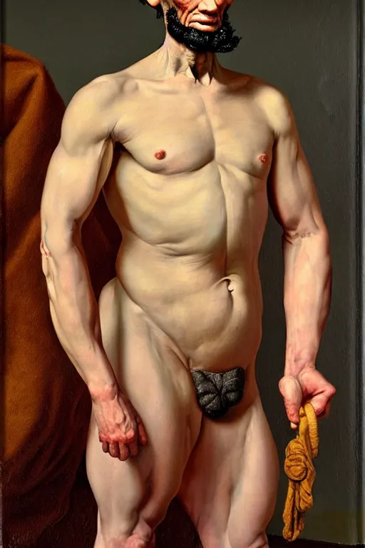 Prompt: abraham lincoln as a muscular bodybuilder, oil painting by john currin and lucien freud, detailed art