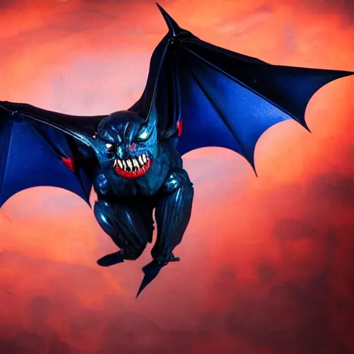 Image similar to detailed full body of scary giant mutant dark blue humanoid bat, glowing red eyes flying above a stormy ocean, sharp teeth, acid leaking from mouth, realistic, giant, bat ears, bat nose, bat claws, bat wings, furred, covered in soft fur, detailed, 85mm f/1.4