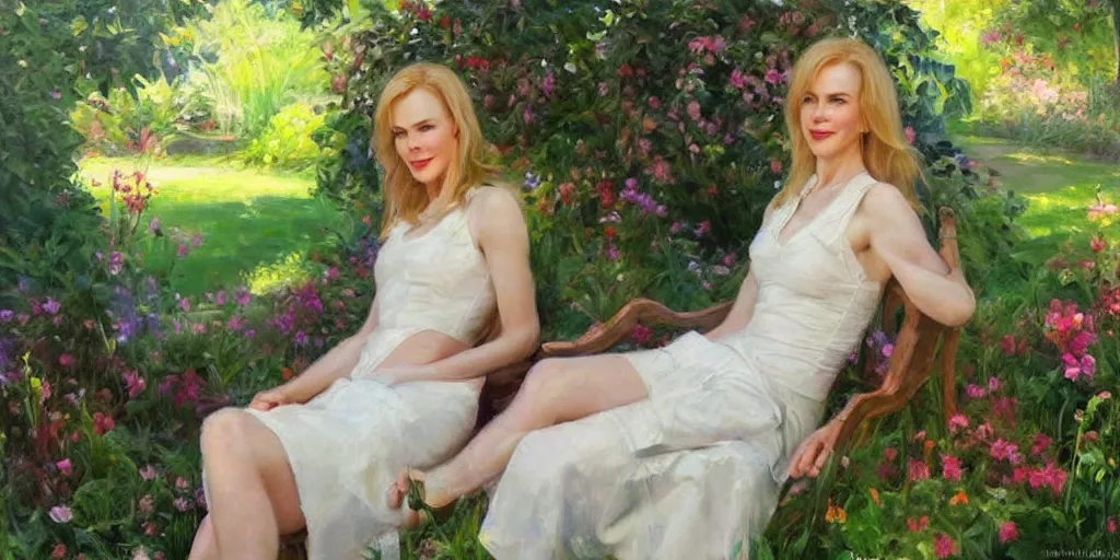 Image similar to portrait of nicole kidman in the garden, morning, highly detailed, ultrarealistic oil painting, vladimir volegov, artstation