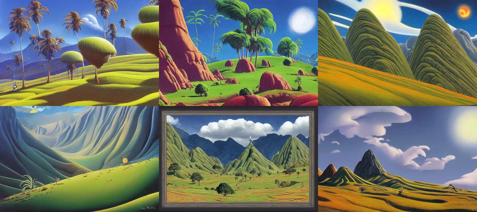 Prompt: Valle de Cocora landscape in the style of Dr. Seuss, starships, painting by Ralph McQuarrie