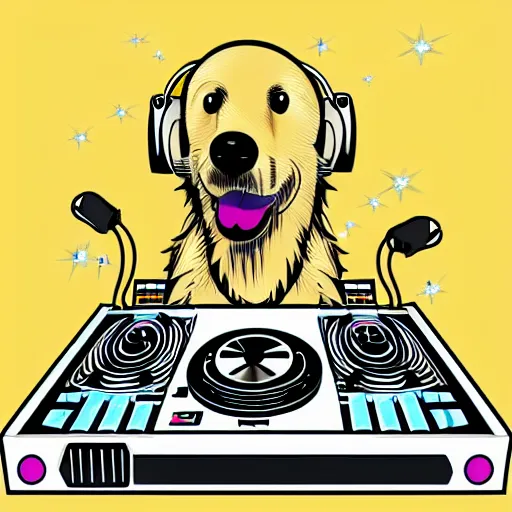 Image similar to a DJ golden Retriever playing at a nightclub, illustration