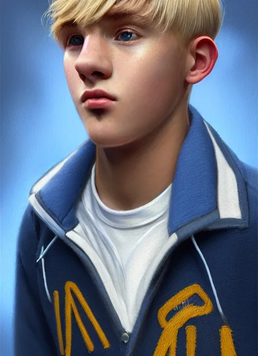 Image similar to portrait of a teenage boy named moose mason, blonde short hair, jock, beefy, square jaw, square facial structure, 1 9 5 0 s, blue varsity jacket, intricate, elegant, glowing lights, highly detailed, digital painting, artstation, concept art, smooth, sharp focus, illustration, art by wlop, mars ravelo and greg rutkowski