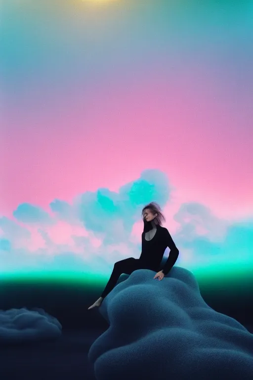 Image similar to high quality pastel coloured film photograph of a model wearing clothing resting on cloud furniture in a icelandic black rock environment in a partially haze filled dreamstate world. three point light, rainbow. photographic production. art directed. pastel colours. volumetric clouds. pastel gradient overlay. waves glitch artefacts. 8 k. filmic.