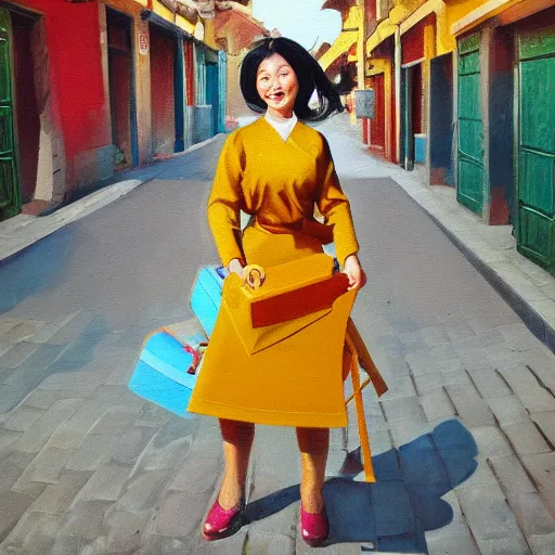 Prompt: high detail oil painting style portrait of Asian woman with mustard coloured suitcase dancing through a city street in Spain