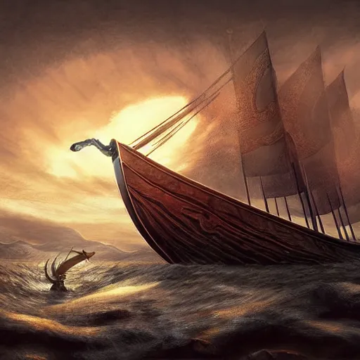 Image similar to epic viking ship, centered in picture, epic fantasy, detailed, intricate, digital painting, concept art, realistic, smooth, focus, rim light