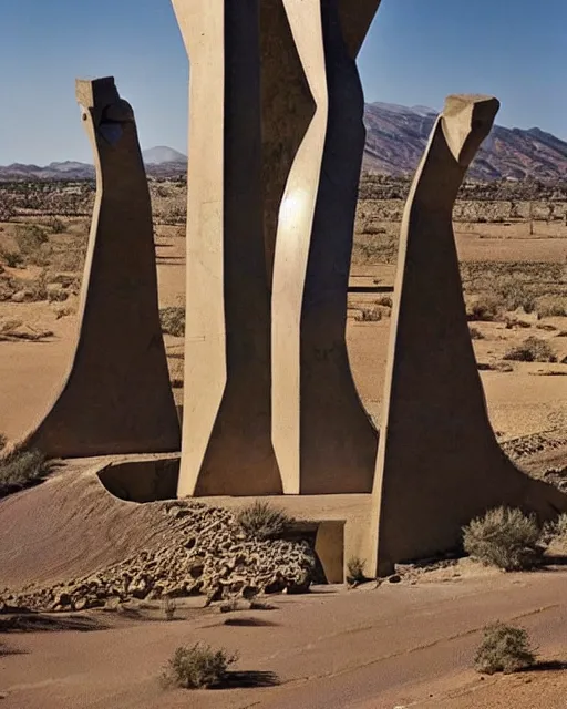 Image similar to strange cyberpunk pagan giant monument in the middle of the desert by dali and bosch and moebius