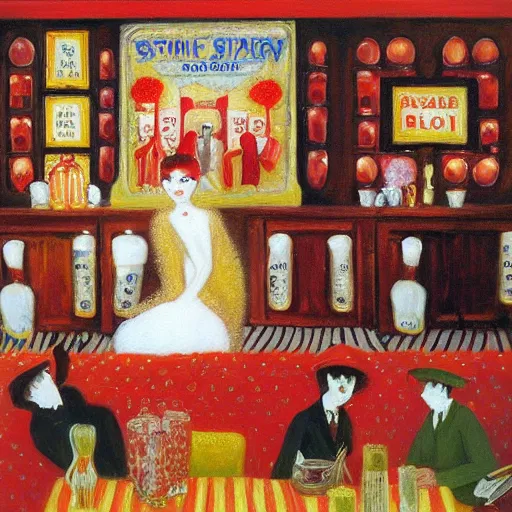 Image similar to oil painting of a satirical speakeasy by florine stettheimer