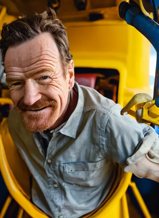 Image similar to closeup portrait of cheerful bryan cranston operating a crane, sitting in a crane, yellow hardhat, sitting in a crane, natural light, bloom, detailed face, magazine, press, photo, steve mccurry, david lazar, canon, nikon, focus