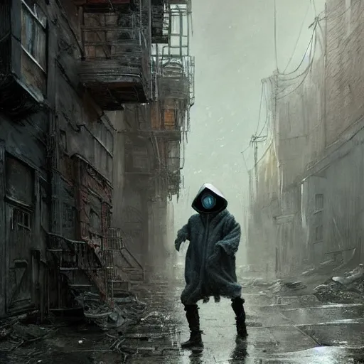 Image similar to sadie sink in oversized hoodie quickly runs by us | a scary robot runs towards us | background : alleyway near decaying tenements. concept art for scifi dystopian film. by nikolay makovsky, bob byerley, wadim kashin, andrea kowch. cinematic moody atmosphere, detailed and intricate, perfect anatomy