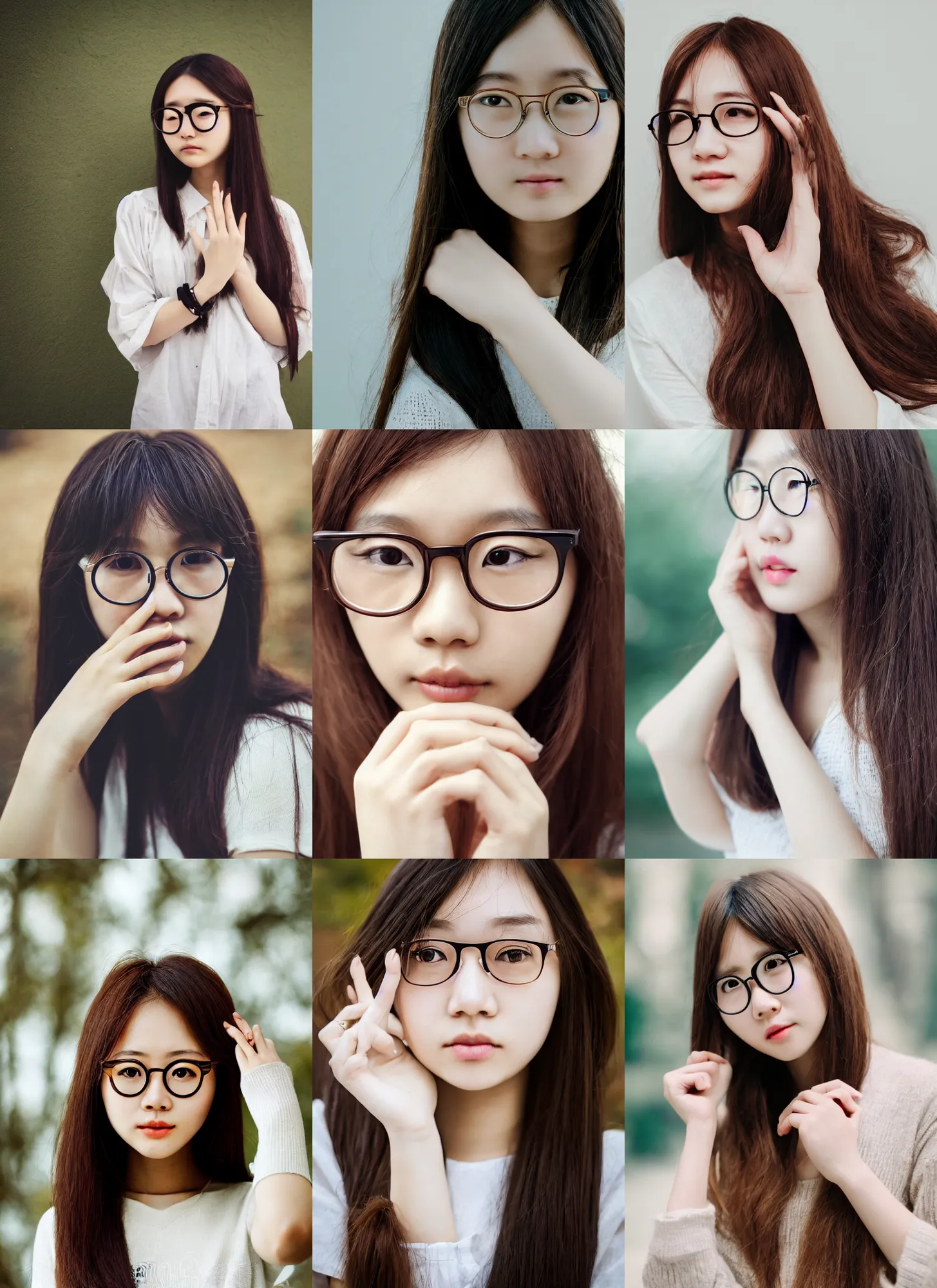 Prompt: portrait, award - winning, beautiful, cute, adorable, brown colored long hair, wearing round glasses and trendy white clothing, korean girl, bokeh, intricate, highly detailed face and hand, 8 k