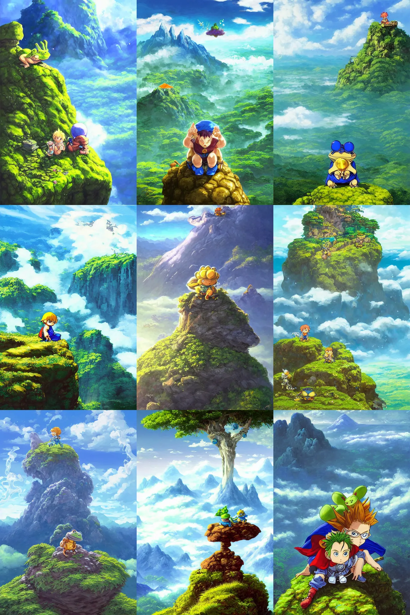 Prompt: squaresoft chronotrigger!! tiny frog character, blue cape!!, seated on top of a rock next to a lush green hillside, valley clouds, a detailed painting by hayao miyazaki, pixiv contest winner, plein air, official art, detailed painting, wanderer above the sea of fog