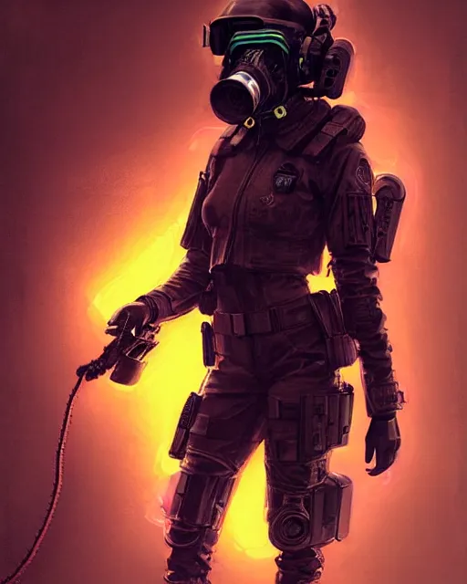 Prompt: detailed neon female swat officer flying a fighter jet, cyberpunk futuristic, neon, gas mask, reflective puffy coat, decorated with traditional japanese by ismail inceoglu dragan bibin hans thoma greg rutkowski alexandros pyromallis nekro rene margitte, fire & smoke, illustrated, perfect face, fine details, realistic shaded, fine - face, pretty face