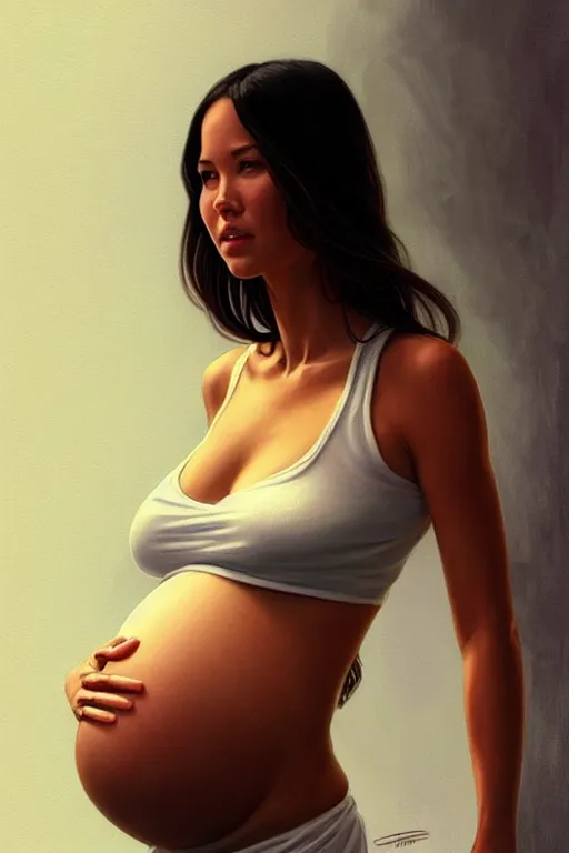 Prompt: pregnant olivia munn in a white tank top, realistic portrait, symmetrical, highly detailed, digital painting, artstation, concept art, smooth, sharp focus, illustration, cinematic lighting, art by artgerm and greg rutkowski and alphonse mucha