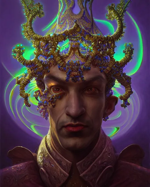 Image similar to front shot of a court jester character, hyperdimensional, bioluminescent ethereal hypercubes, ((intricate)), elegant, highly detailed, centered, (((artstation, concept art, smooth, sharp focus, artgerm, Tomasz Alen Kopera, Peter Mohrbacher, donato giancola, Joseph Christian Leyendecker, WLOP, Boris Vallejo))), mugshot!!!!!, ugly!!!!!!, octane render, nvidia raytracing demo, grainy, muted