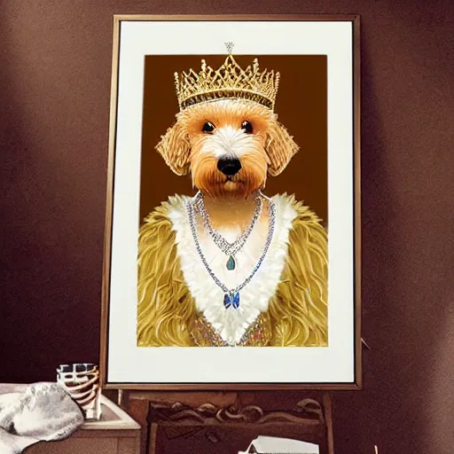 Image similar to portrait of a golden doodle as a queen painting very detailed