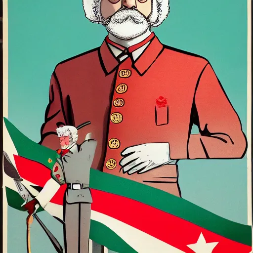 Prompt: Colonel Sanders holding a revolutionary flag, Soviet propaganda style, red back and white, epic detail, poster,