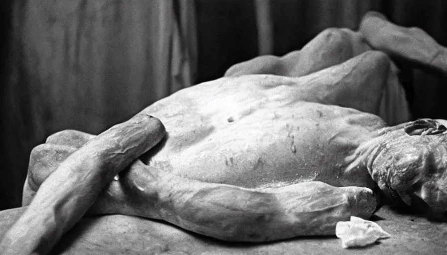 Prompt: movie still of jean - paul marat a wound at the chest, bleeding in the bath, cinestill 8 0 0 t 3 5 mm, high quality, heavy grain, high detail, cinematic composition, dramatic light, anamorphic, ultra wide lens, hyperrealistic, by josef sudek