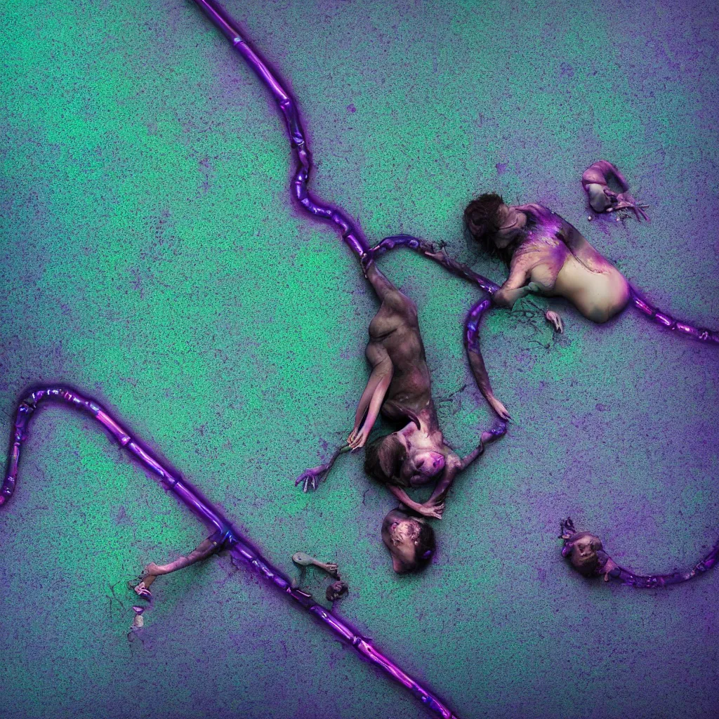 Prompt: overhead view of iridiscent oil slick with a woman's corpse connected by a transparent pipe to a baby buried, faded, purple gradient, depth of field, ultra realistic, very detailed, glitch, by nadav kander, 8 k hyper realistic detailed cinematic