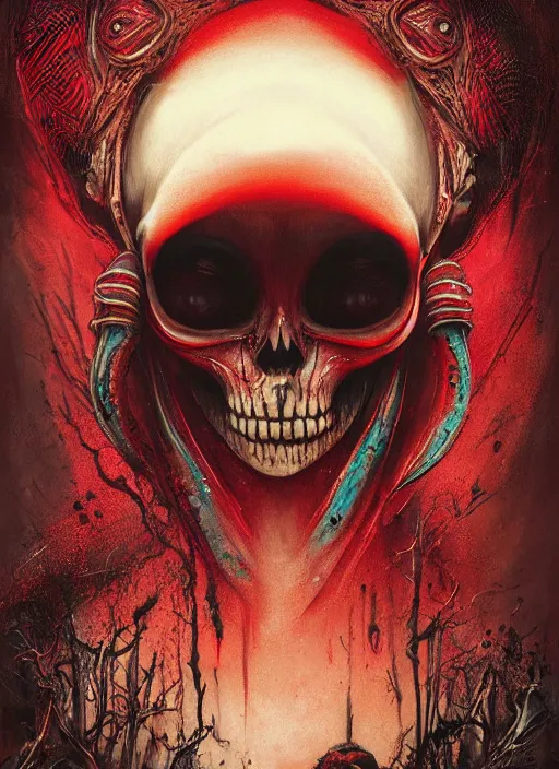 Image similar to queen of hearts, alien, skull, highly detailed, cinematic, 8 k, by megan duncanson, benjamin lacombe, adrian borda, stanley artgermm, tom bagshaw, craig mullins, carne griffiths, ayami kojima, beksinski, giger, trending on deviantart, hyper detailed, horror, full of colour