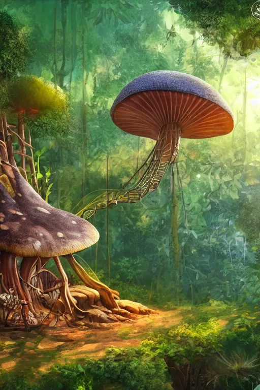 Image similar to a tree house in the jungle, big mushroom, sunshine, by alba ballesta gonzalez and moebius. 4 k wallpaper, digital 2 d, comic, illustration, extremely detailed, cinematic lighting, smooth sharp focus.