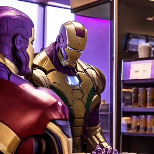 Image similar to thanos working at starbucks serving a latte to iron man, ultra realistic, 8 k, cinematic