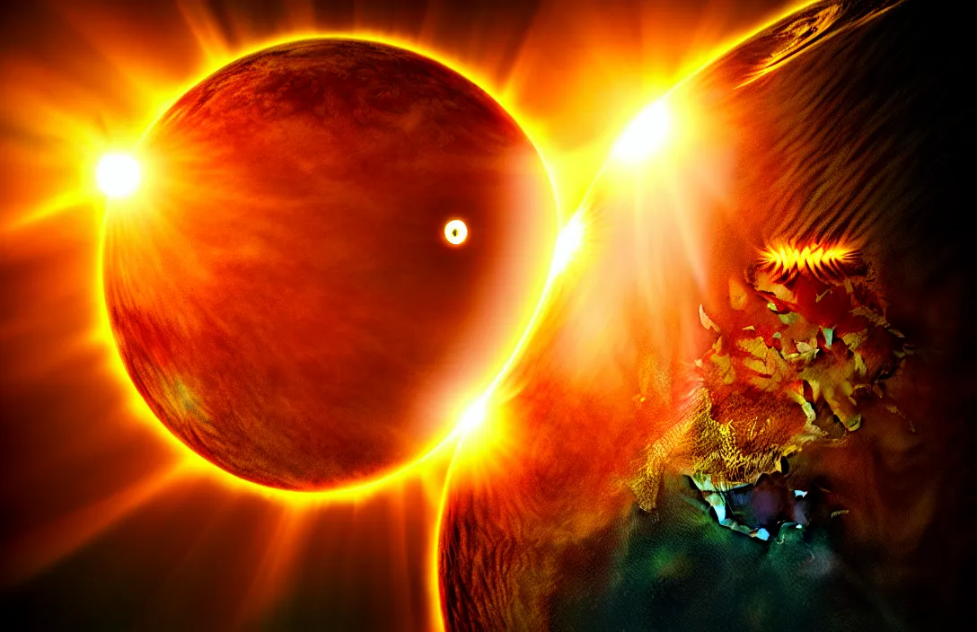 Prompt: the sun swallows the earth, digital art, cinematic, dramatic light, sharp focus, masterpiece, highly detailed