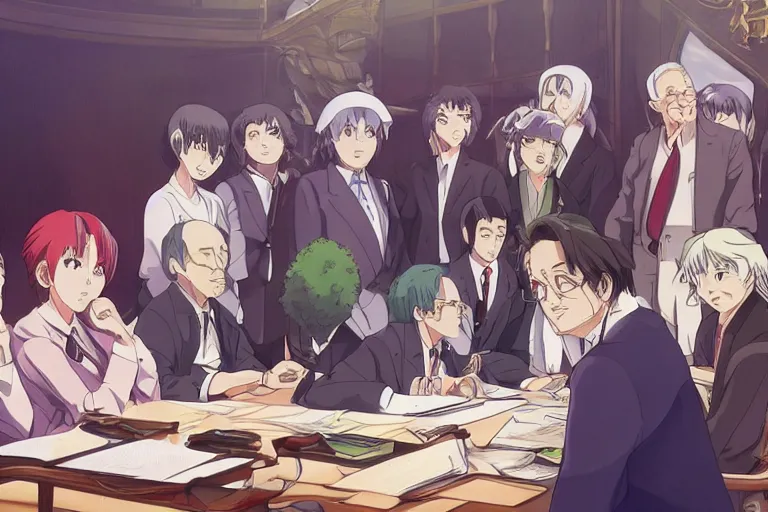 Prompt: cell shaded anime key visual of a federation council meeting with important people in the stlye of studio ghibli, moebius, ayami kojima, makoto shinkai, dramatic lighting