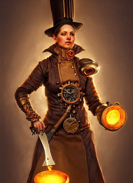 Image similar to detailed portrait of a steampunk chef character posing battle stance holding a giant glowing runeforged kitchen knife, diffuse lighting, scifi fantasy, intricate, highly detailed, lifelike, photorealistic, digital painting, artstation, illustration, concept art, smooth, sharp focus, art by john collier and albert aublet and krenz cushart