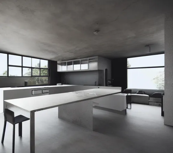 Image similar to brutalist black house kitchen with 2 islands interior design minimalist organic, organic architecture furniture open space high quality octane render blender 8 k