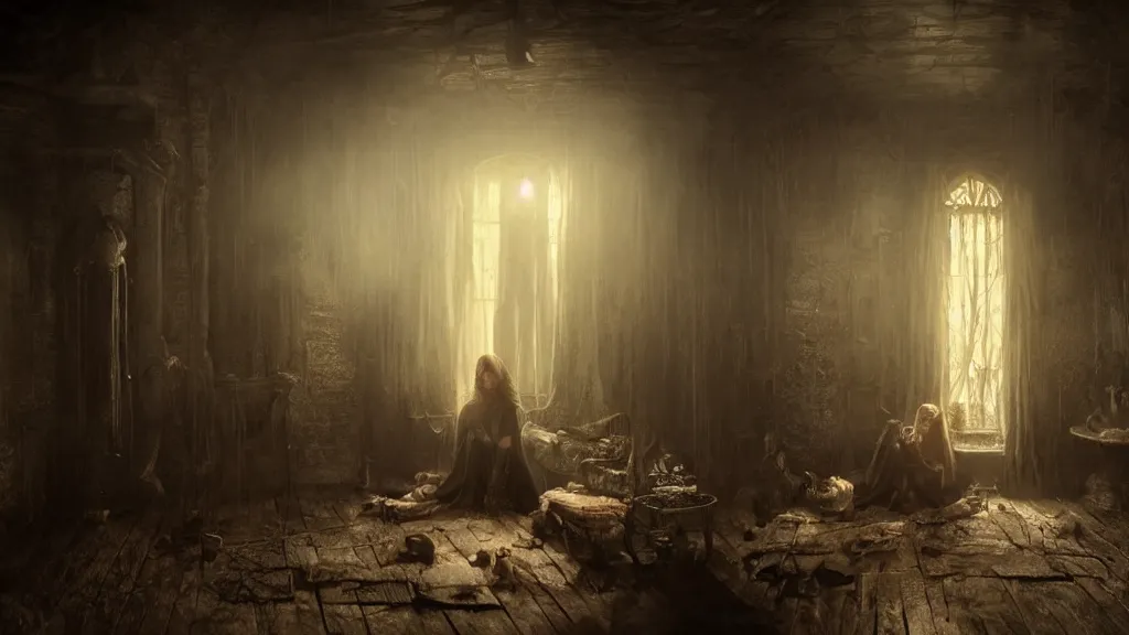Prompt: a witch sitting in the shadows on the inside of a dark cottage at night, highly detailed interior, by Bastien LeCouffe-Deharme, hyperrealistic, Cryengine 8k UHD