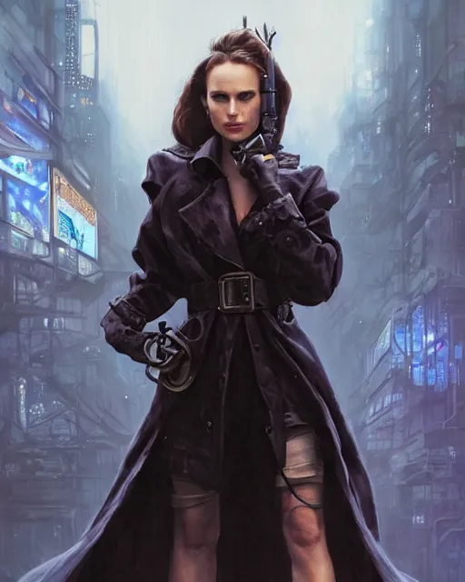 Image similar to beautiful fantasy character portrait, natalie portman, wearing oversized black trench coat, ultra realistic, wide angle, dramatic lighting, vultures, cyberpunk artifacts, highly detailed by peter mohrbacher, hajime sorayama, wayne barlowe, boris vallejo, aaron horkey, gaston bussiere, craig mullins