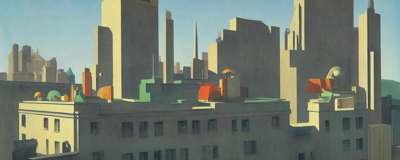 Prompt: hotel in a futuristic city, dada, edward hopper, rene magritte, highly detailed