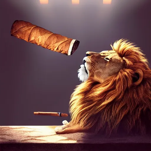 Image similar to a lion smoking a cigar, dramatic lighting, cinematic, establishing shot, extremely high detail, foto realistic, cinematic lighting, post processed, concept art, high details, cinematic, 8k resolution, beautiful detailed, photorealistic, digital painting, artstation, concept art, smooth, sharp focus, artstation trending, octane render, unreal engine