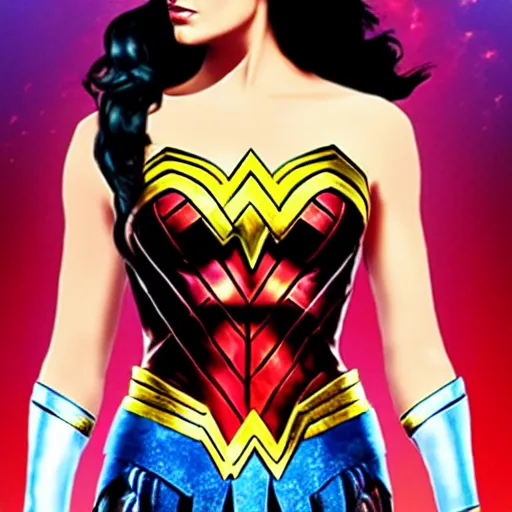 Image similar to wonder woman movie poster but with a chubby Gegia face