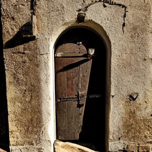 Image similar to A ajar dilapidated door with a human face hangs on loops, medieval style, dramatic lighting