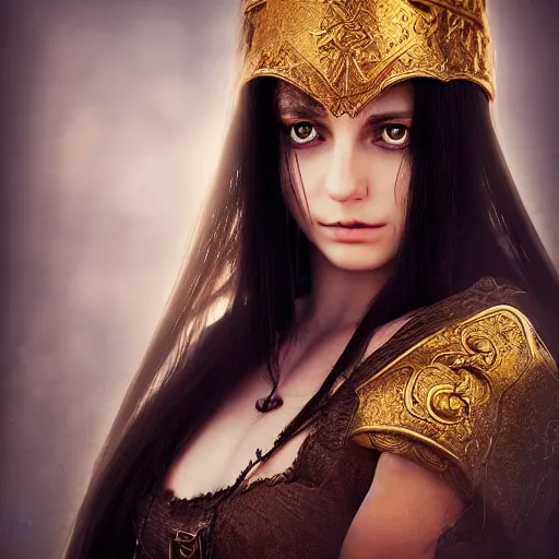 Prompt: beautiful female cleric with long black hair and a golden eye, focus on face, jewellery, fantasy, medieval, still, photograph, highly detailed, cinematic, romani descent, dramatic, dynamic lighting, award winning, masterpiece, trending on artstation