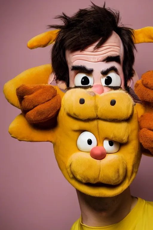 Image similar to portrait of Jacksfilms dressed in Garfield costume, starring in live-action adaptation of the comics, cosplay photograph, shallow depth of field