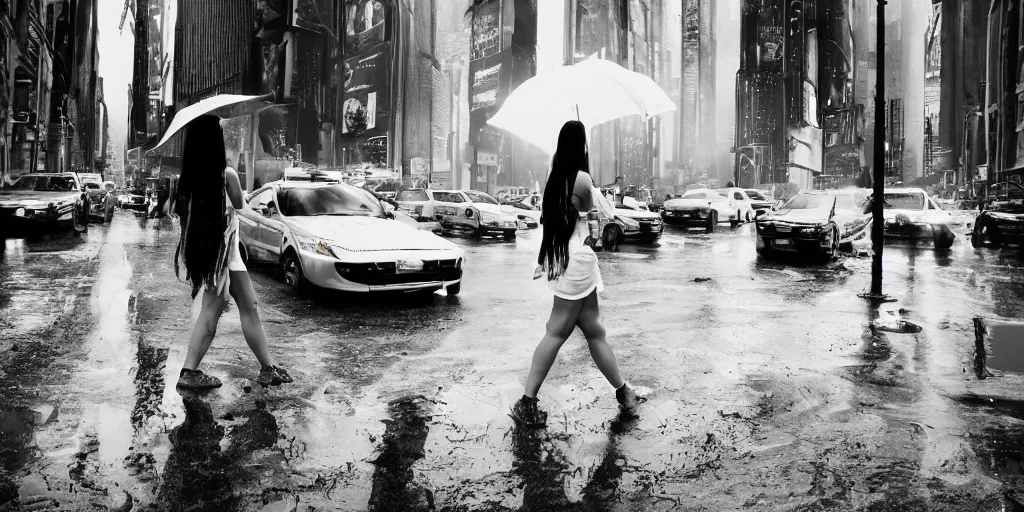 Image similar to ! dream 3 beautiful woman wearing white wet short sun dresses walking toward the camera in the wet cyberpunk streets of new york at sunset, police hover cars in the background, mud puddles, in the style of h. r. giger