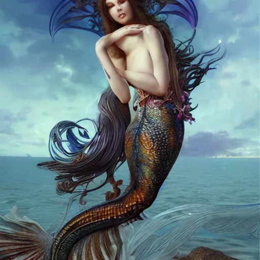 Prompt: beautyful stunning mermaid, grilled on a platter, food photography concept art, intricate details, eerie, highly detailed, photorealistic, octane render, 8 k, unreal engine. art by artgerm and greg rutkowski and alphonse mucha