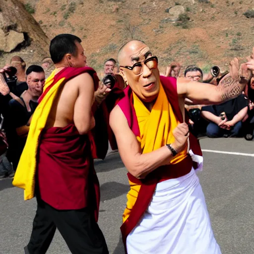 Image similar to furious screaming dalai lama punches the camera