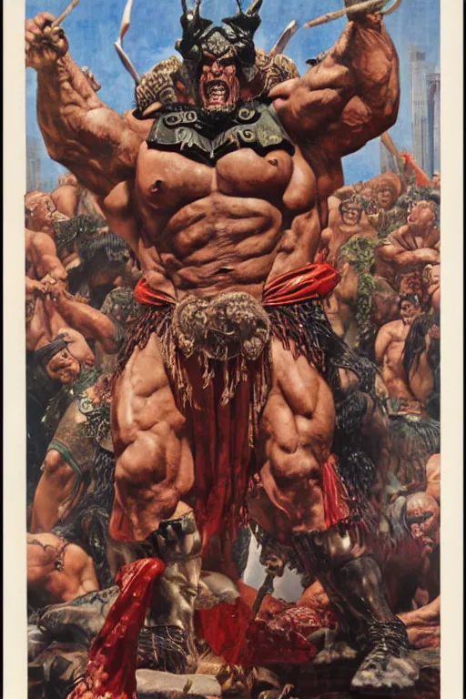 Image similar to movie still of huge hulking rich piana as demonic emperor, simple background, painted by jack kirby, lawrence alma tadema, norman rockwell, greg staples, wayne barlow, neville page, 4 k, photo