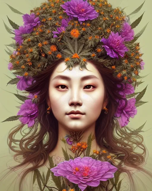 Prompt: portrait of goddess gaea, flowery face, upper body, decorated with cannabis flowers, traditional chinese art, intricate, elegant, highly detailed, digital painting, artstation, concept art, smooth, sharp focus, illustration, art by artgerm and greg rutkowski and alphonse mucha, 8 k