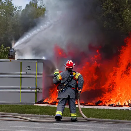 Image similar to a clown wearing firefighter clothes, using a flamethrower on a dumpster fire