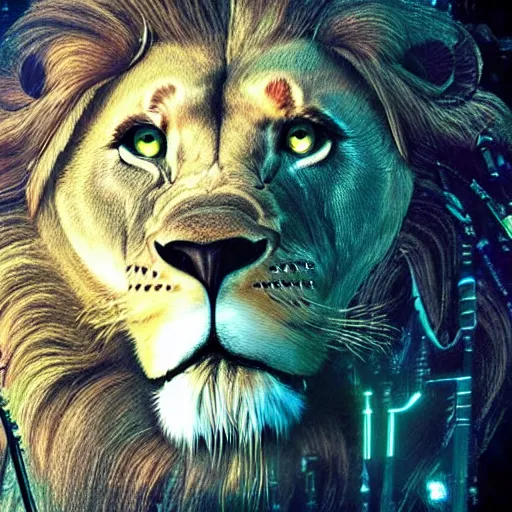 Prompt: lion with crown, cyberpunk