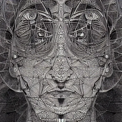 Image similar to Geometrically surreal Artificial Intelligence monk, high detail, photorealistic, intricate line drawings, dotart, album art in the style of James Jean