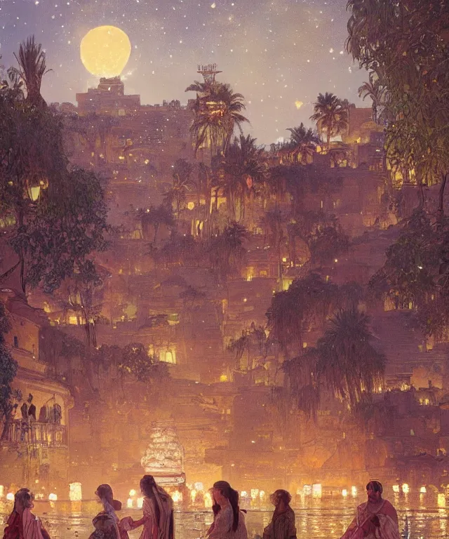 Image similar to a beautiful painting of the view from the river of the lantern festival in a an ancient egyptian city, at night with a sky full of stars, intricate, elegant, highly detailed, digital painting, artstation, concept art, by krenz cushart and artem demura and alphonse mucha