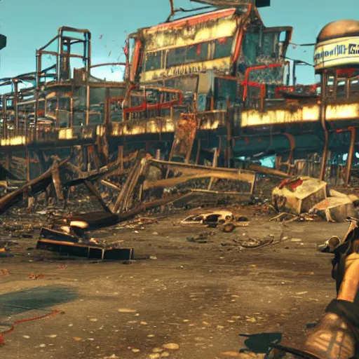 Prompt: Santa Monica Pier in ruins post-nuclear war in Fallout 4, in game screenshot