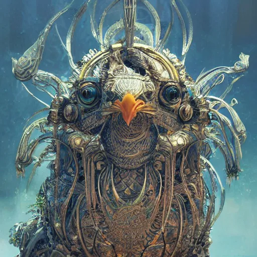 Prompt: A neofuturistic very highly detailed chicken god with very highly detailed face in the beautiful garden in a very highly detailed solarpunk sci-fi city realistic concept art photography by Greg Rutkowski, sci-fi highly detailed, realistic concept art photography, Dimensional cyan gold natural light, cinematic shot, realistic concept art photography by Stephen Hickman and James Gurney and Hiromasa Ogura Ghost in the Shell rendered in Octane Render, From the distance