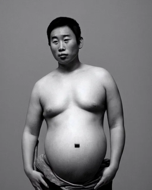 Prompt: photo of a heavily pregnant cute young asian male protagonist, big belly, exposed belly, muscular, on the beach, photo by annie leibovitz