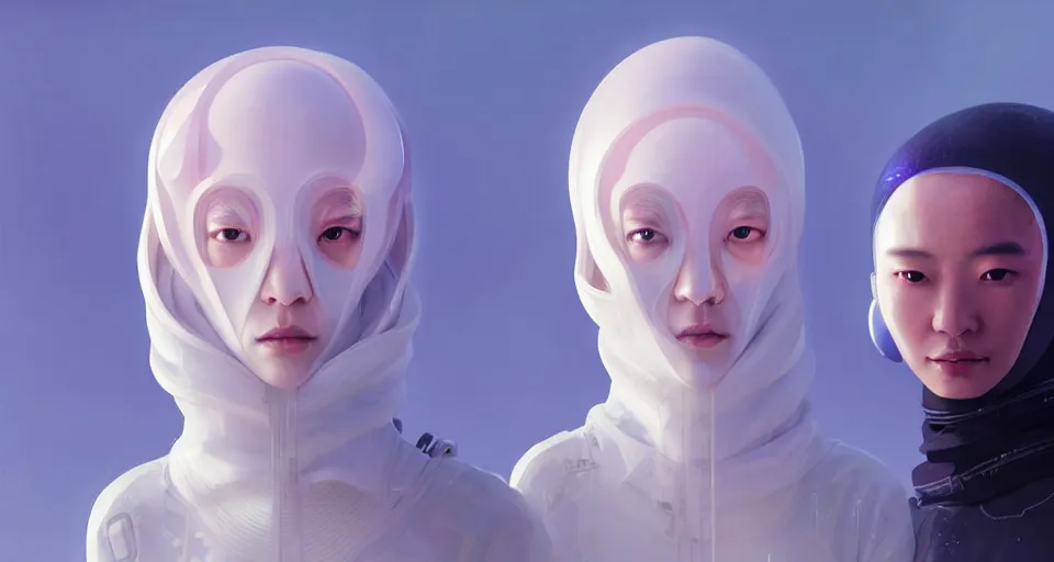 Image similar to portrait of yael shelbia and kang seul - gi, venus squid astronaut, burka, white hair, intricate design details. cyberpunk symmetrical facial, by ruan jia and beeple. smooth gradients, deep space.